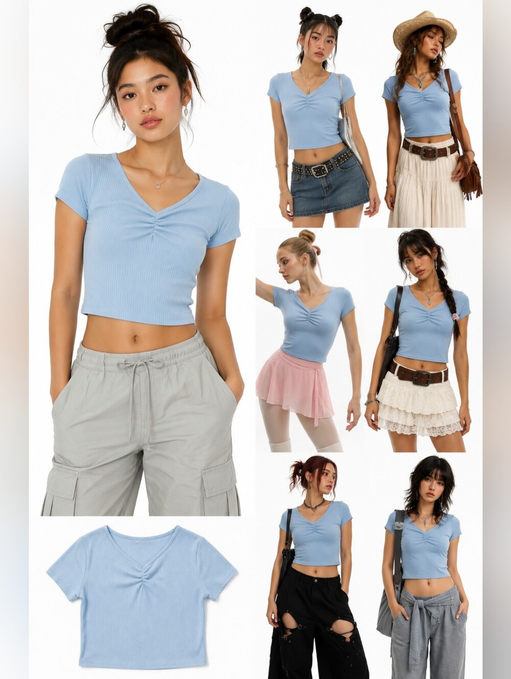 YMI Light Blue Ribbed V-Neck Crop Top